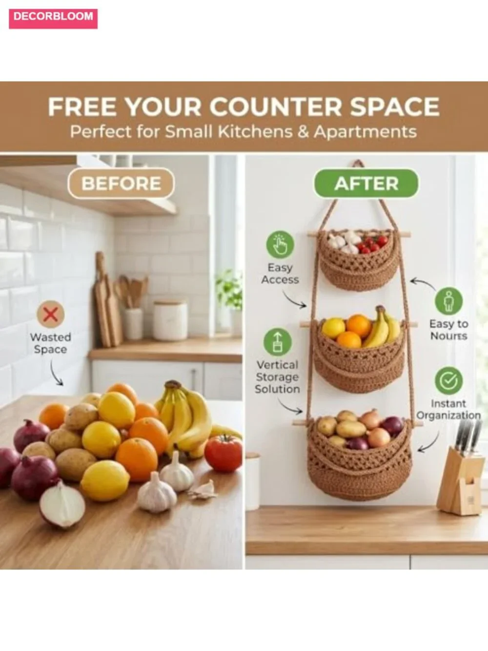 3 Tier Hanging Fruit Basket, Wall Mounted Cotton Rope Produce Storage, Boho